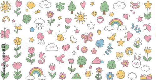 Whimsical illustration of various cute cartoon objects and animals