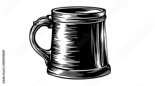 A black and white illustration of a large mug with a handle. The mug is empty and stands on white