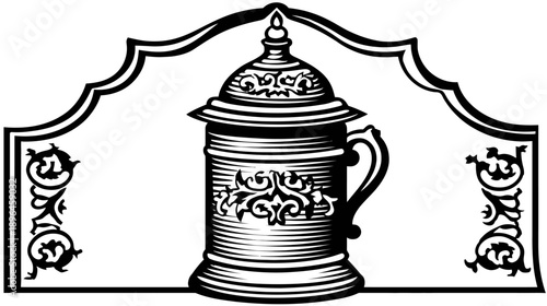 Stylized, ornamental illustration with a lidded beer stein at center, framed by ornate border
