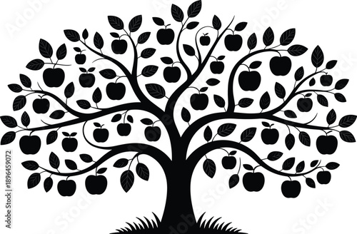 Black apple tree silhouette illustration with ripe fruit and leaves in elegant vector style, nature inspired artwork for organic food branding, orchard themes, logos, posters, and creative designs