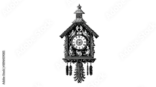 A monochromatic cuckoo clock depiction against a white background with Roman numerals and decorative elements