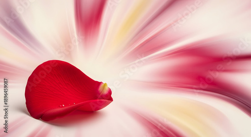 A single red rose petal on a vibrant abstract background