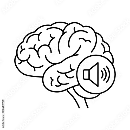 Minimalist illustration of a human brain with a sound wave speaker icon symbolizing auditory perception and mental processing