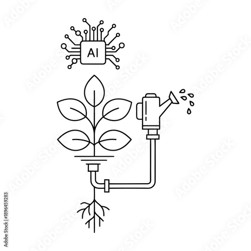 Ai powered watering system nurturing a young plant with a watering can connected to tubes and roots symbolizing innovation in agriculture