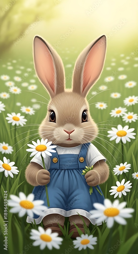 Fototapeta premium Charming Bunny in Daisy Field - A Whimsical Spring Illustration.