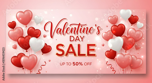 A Valentine's Day sale advertisement with heart-shaped balloons and discounts