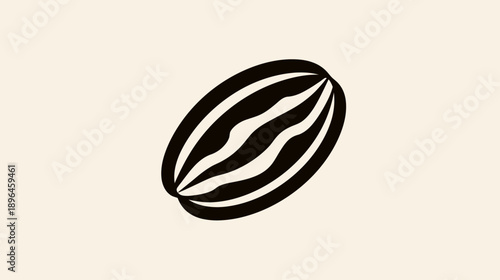 Stylized, minimalist graphic depicting a seed-like shape. Black lines on a neutral background