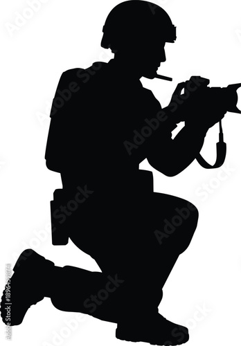Military photographer silhouette kneeling with camera and helmet isolated on white background for journalism, war reporting, media and documentary illustration