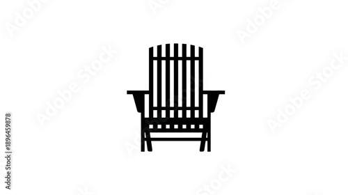 A simple, symmetrical black and white illustration of a classic, slatted Adirondack chair