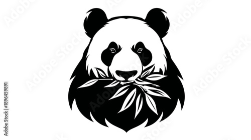 A monochrome illustration of a giant panda head, holding bamboo in its mouth