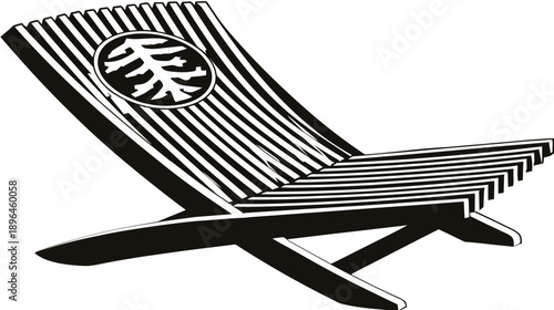 A black and white illustration of a wooden deck chair, with a circular emblem on its backrest