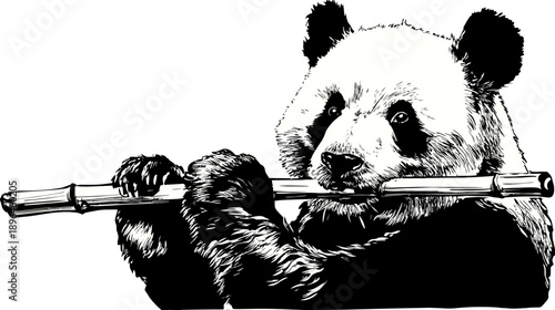 A black and white illustration of a panda playing a bamboo flute, close-up with a white background
