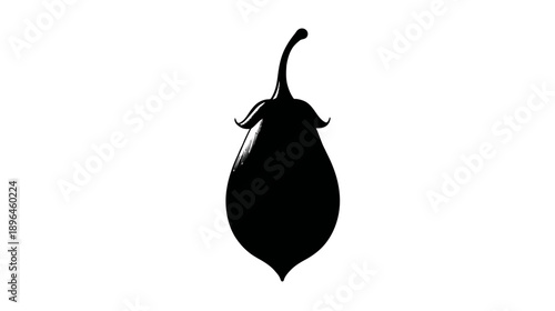 A silhouette of a dark, long, bulbous fruit with a curly stem and a leafy base