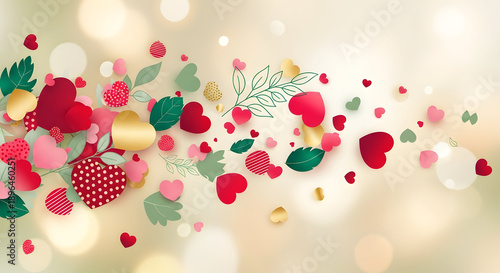 A colorful illustration of hearts and leaves floating in the air