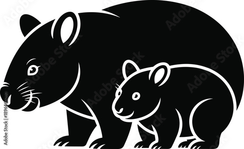 Black bear and cub silhouette illustration, stylized wildlife vector art, minimalist monochrome animal design, mother and baby bear graphic for logos, branding, prints, and modern digital artwork