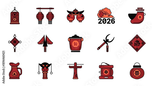 A collection of 15 red and black icons and design elements for the 2026 Chinese New Year, featuring lanterns, symbols, and traditional patterns on a white background.