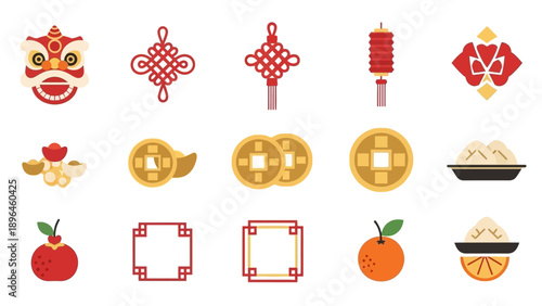 A vibrant icon set for Chinese New Year 2026 featuring lanterns, coins, fruits, and symbolic designs on a white background.