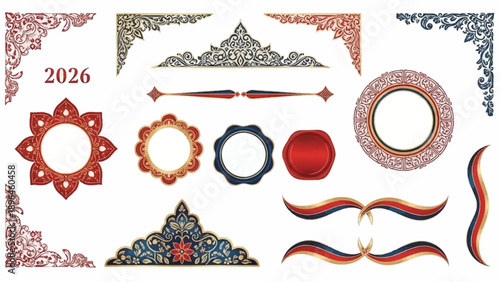 A vector illustration set of Chinese New Year 2026 elements, including lantern patterns, icons, and designs with symbolic and religious tradition motifs in a colorful and vibrant style.
