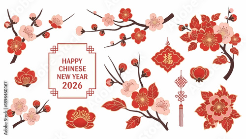 A vibrant illustration featuring a 'Happy Chinese New Year 2026' message surrounded by a festive design of red and pink flowers, lanterns, and traditional elements on a clean white