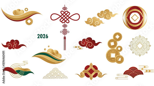 A vibrant icon set featuring Chinese New Year 2026 elements, including lantern patterns, symbolic designs, and religious tradition motifs in a colorful, illustrative style against a clean