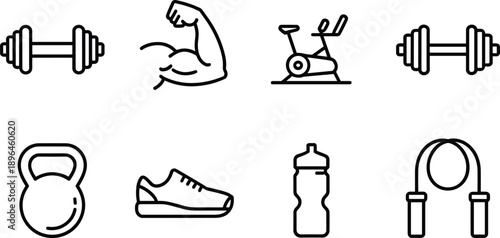 Minimal fitness and gym equipment line icons set featuring dumbbells, kettlebell, exercise bike, jump rope, running shoe, water bottle, and muscle strength symbols