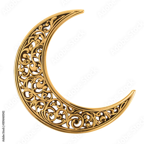 Golden Crescent Moon Design With Intricate Patterns and Blue Accents for Deco...