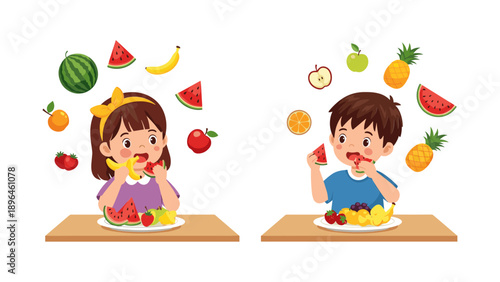 Children Eating Healthy Food, Fruits and Vegetables