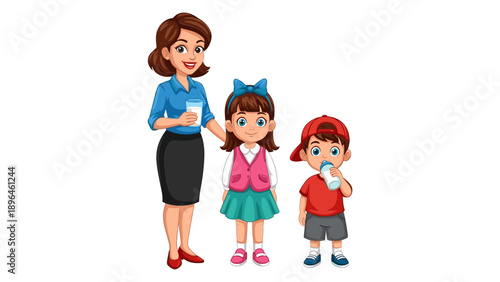 Happy Family with Mom and Two Daughters