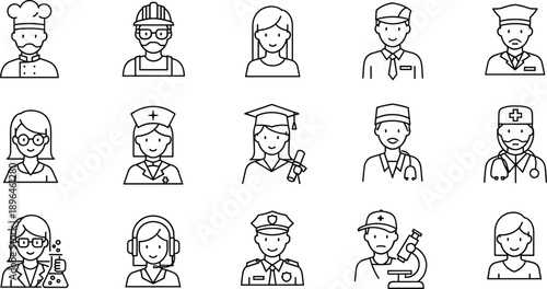 Professional people line icons set, occupation avatars, job characters, outline vector collection, career roles concept illustration