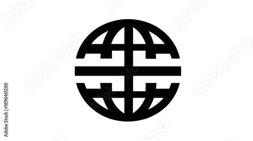 A black and white graphic depicting a stylized globe. Lines intersect within a circle