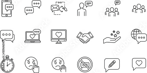 Social communication line icons, messaging symbols, chat interface elements, customer support, feedback reactions, outline vector set