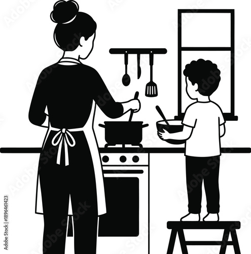 Mother and son cooking together in kitchen vector illustration