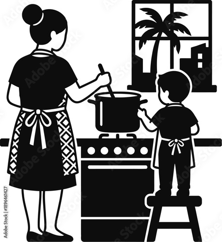 Mother and son cooking together in kitchen vector illustration