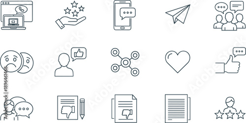 Social interaction line icons, communication symbols, messaging and feedback concepts, digital engagement, modern outline vector set