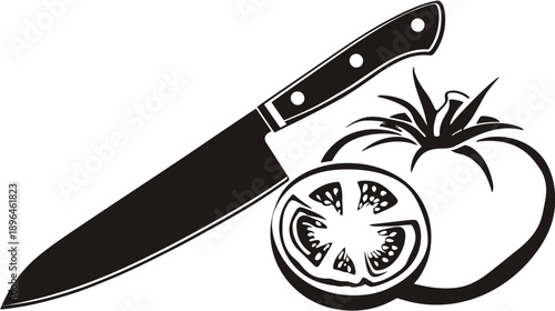 Black and white graphic of a knife resting on a tomato, one slice visible