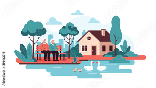 Senior couple sits on a park bench near a quiet pond with swans and a cozy house in the background city skyline.