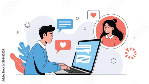 Man engages in online dating or a video call with a woman using a laptop with hearts and speech bubbles for chatting.