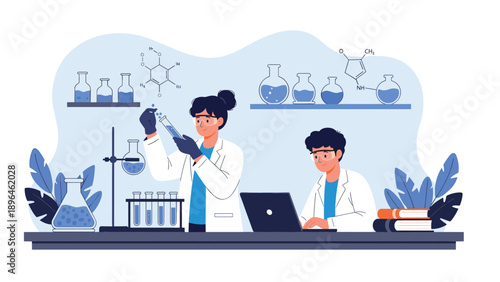 Professional scientists conduct experiments in a modern chemistry laboratory using test tubes, beakers, and a laptop.