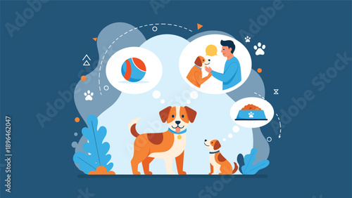 Cute domestic dog stands in a park daydreaming about various activities like playing with a ball, receiving affection, and eating delicious food.