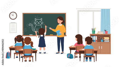 Teacher draws a cat on a chalkboard while students sit at their desks in a colorful and organized school classroom.