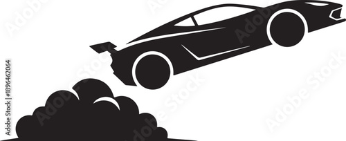 A sleek black sports car jumps over a pile of smoke