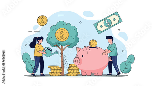 Young man and woman work together to grow their savings by watering a money tree and depositing coins into a large pink piggy bank for future.