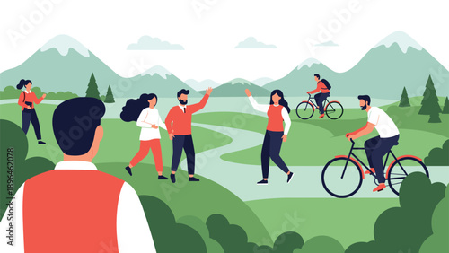 Active people enjoy a beautiful day in a scenic park, walking along paths and riding bicycles with majestic mountain peaks in the far distance.