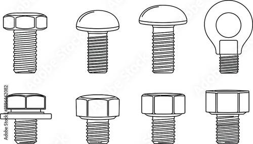 Outline illustration set of 6 bolt head types hex head carriage bolt eye bolt flange bolt and square head bolt