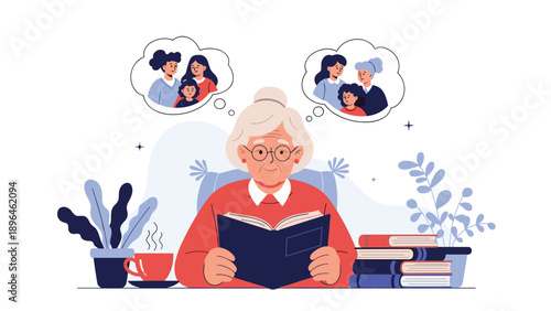 Senior woman sits peacefully in her home reading a book while nostalgically thinking about her beloved family members and cherished memories.
