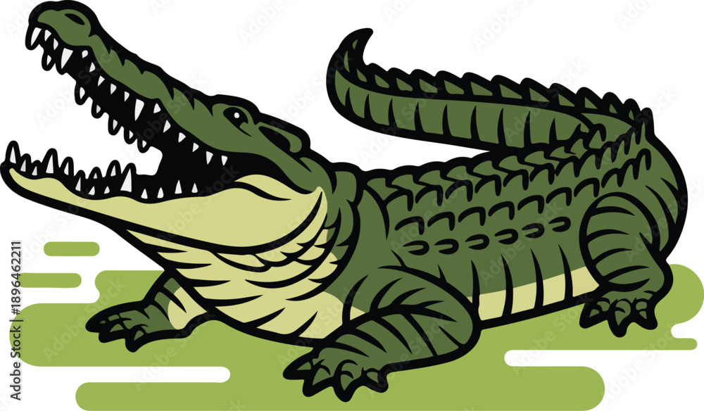 Fototapeta premium Reptilian Predator: A stylized illustration of a formidable alligator, showcasing its powerful jaws and distinctive scaly texture, in a verdant, natural habitat.