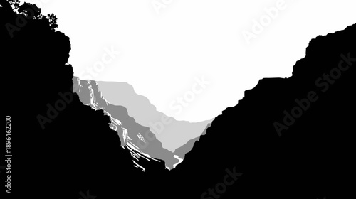 Abstract depiction of a canyon landscape with varying shades and negative space