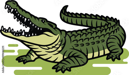 Reptilian Predator: A stylized illustration of a formidable alligator, showcasing its powerful jaws and distinctive scaly texture, in a verdant, natural habitat.