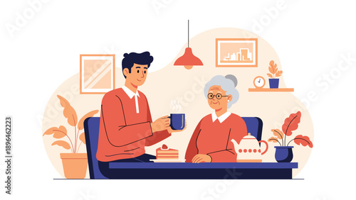 Caring young man serving a hot cup of tea to an elderly woman in a cozy living room during a pleasant afternoon visit.