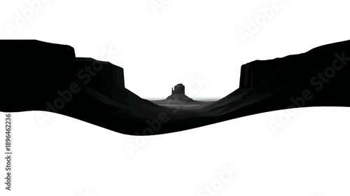 A grayscale painting of a canyon with a central rock formation, shadowed by black cliffs